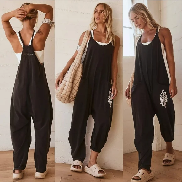 New Free People FP Movement Hot Shot Logo Onesie Mocha Combo Overalls Jumpsuit L - Picture 9 of 16